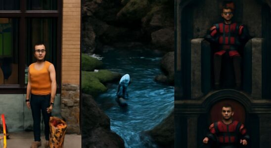 Colorful pixel-art game scene with expressive characters and layered lighting