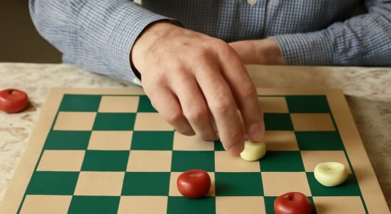American checkers board showing 12 pieces per player on dark starting squares