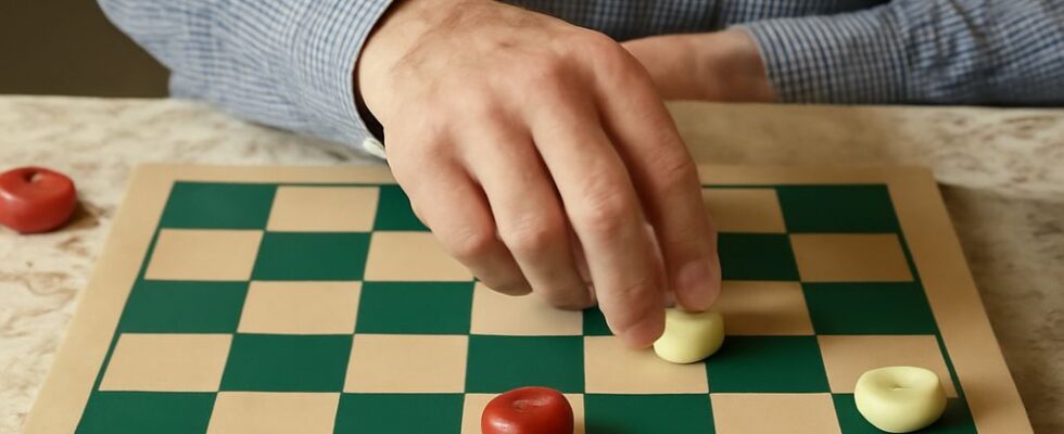 American checkers board showing 12 pieces per player on dark starting squares