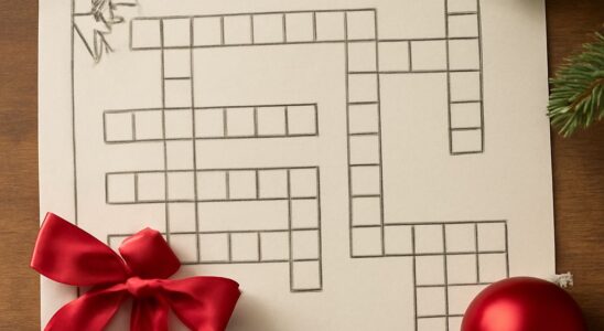 Printable Christmas crossword puzzle with a numbered grid and festive clues