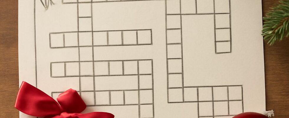 Printable Christmas crossword puzzle with a numbered grid and festive clues