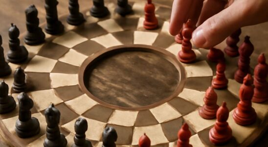 Three-player chess board showing three armies around a central hexagonal zone