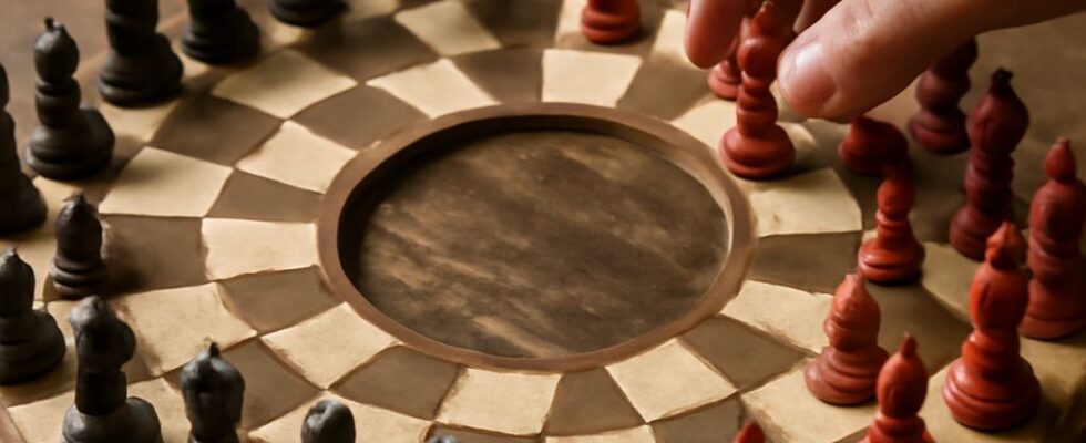 Three-player chess board showing three armies around a central hexagonal zone