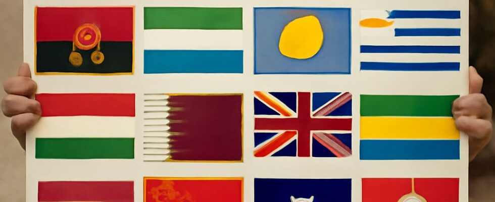 Various world flags on a quiz sheet